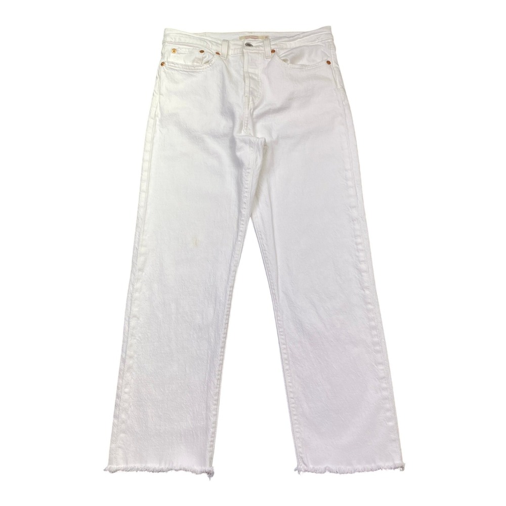 Levis Wedgie Straight Jeans White High Rise Raw Hem Sz 28 Grunge Retro Preppy